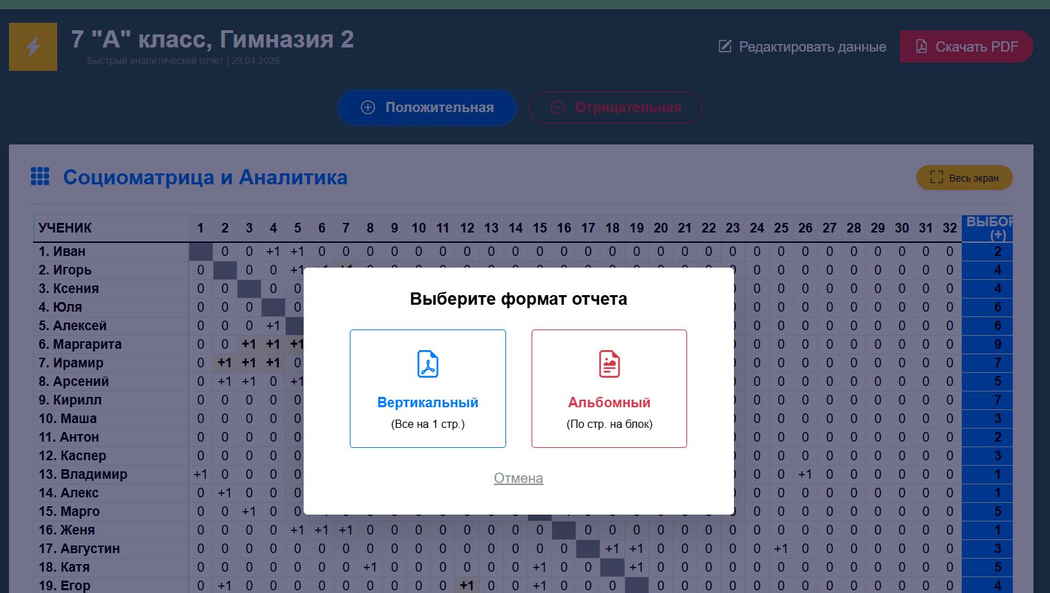 Скачивание отчета социометрии в PDF формате