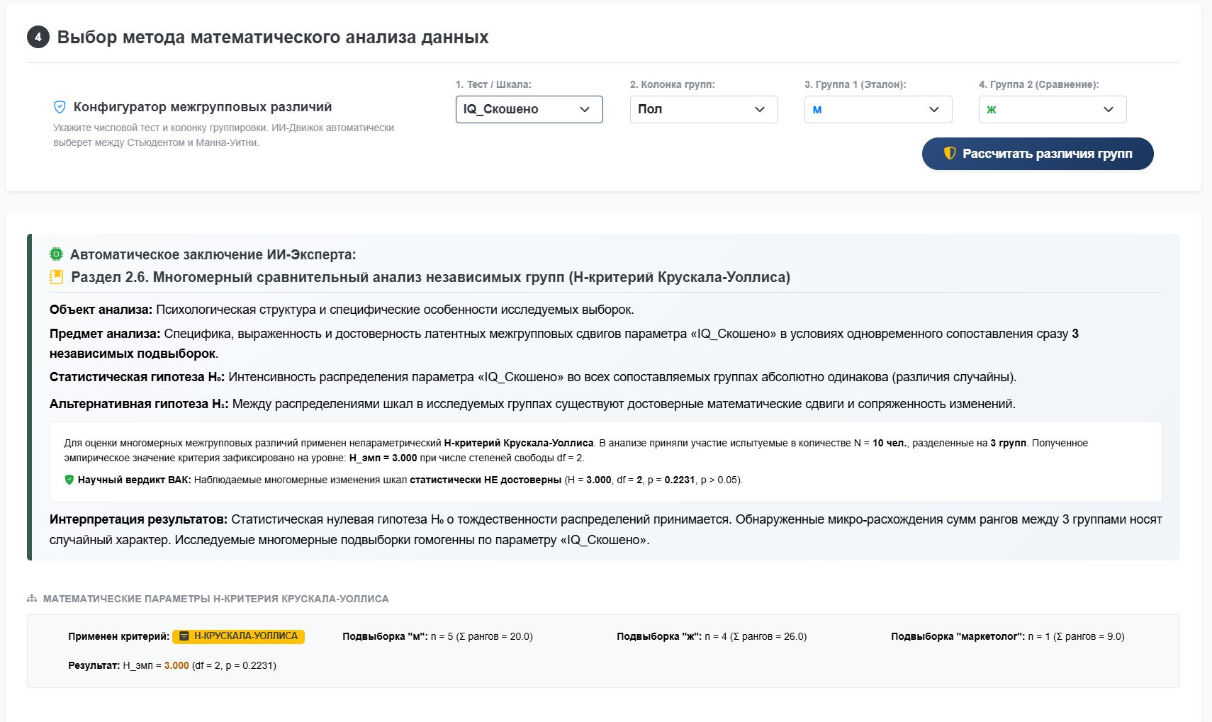Рисунок 2 - Многомерный график сравнения медиан шкал и текстовый блок готовой главы для научной работы